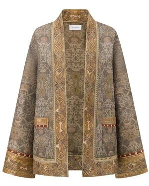 Into The East Moss Tone-On-Tone Printed Tussah Silk Open-Front Jacket - Natural