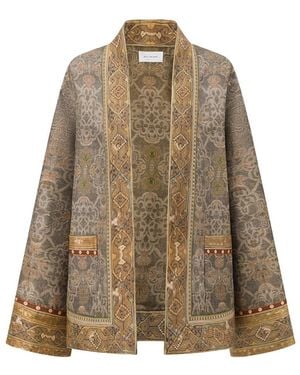 Into The East Moss Tone-On-Tone Printed Tussah Silk Open-Front Jacket - Natural