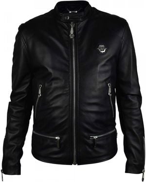 Philipp Plein Grained Leather Biker Jacket - Black