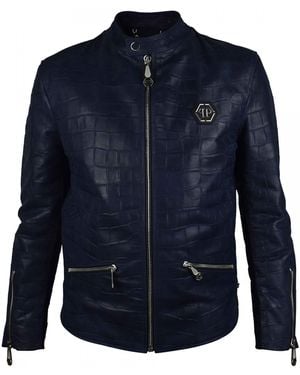 Philipp Plein Croc-Embossed Leather Biker Jacket With Hardware - Blue