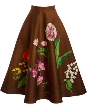 Oscar de la Renta Botanical Stretch-Cotton Midi Circle Skirt - Brown