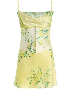 De La Vali Cleodora Corseted Lace-Trimmed Silk-Blend Satin Mini Dress - Yellow