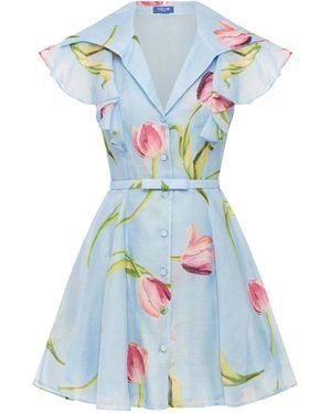 LEO LIN Isla-Print Button-Up Linen-Silk Mini Dress - Blue