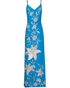 La Fuori Aqua Lily Garden Emb Embroidered Silk Dress - Blue