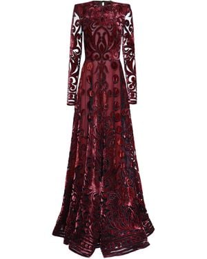 Naeem Khan Long Sleeve Velvet Embroidered Gown - Purple