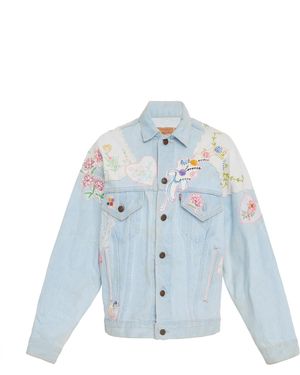 LoveShackFancy Embroidered Light Denim Jacket - Blue