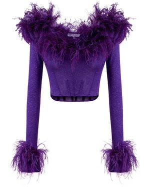 RAISA & VANESSA Feather-trimmed Glittered Knit Corset Top - Purple