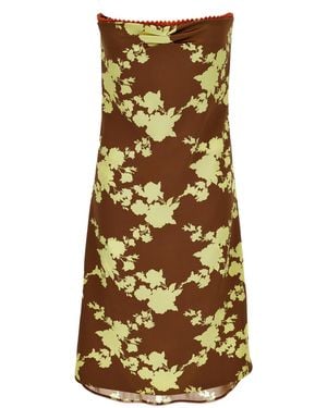 Versace Floral Strapless Silk Satin Knee-Length Dress - Brown