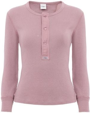 Chloé Logo-Embroidered Cotton Henley - Pink