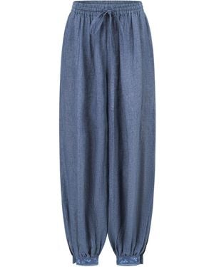 Into The East Embroidered Tapered Linen Trousers - Blue