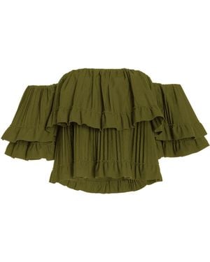Brandon Maxwell Exclusive Pleated Poplin Cropped Top - Green