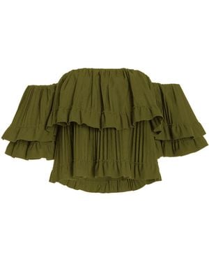 Brandon Maxwell Exclusive Pleated Poplin Cropped Top - Green