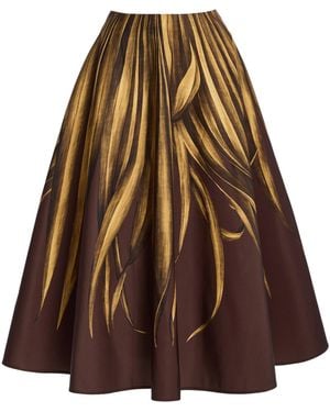 Oscar de la Renta Palm-Printed Faille Midi Skirt - Brown