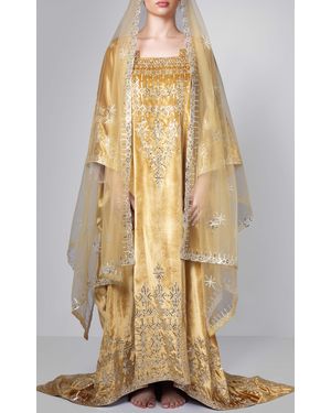 Bthaina Metallic Embroidered Velvet Caftan - Natural
