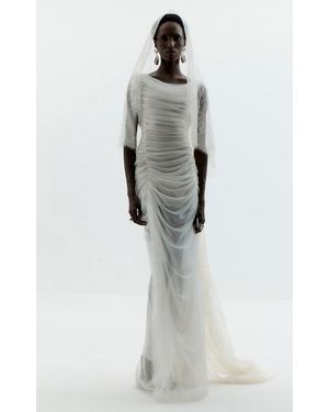 De La Vali Zarela Asymmetric Gathered Tulle Maxi Dress - Grey