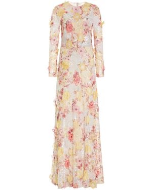 Monique Lhuillier 3D Embroidered Gown - Natural