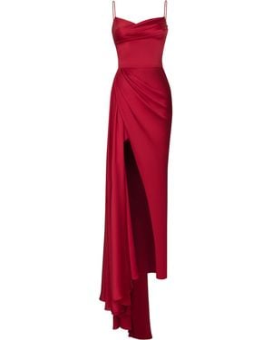 Rasario Draped Thigh Slit Satin Gown - Red