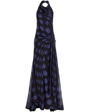 Christopher John Rogers Wiggle-Dot Silk-Chiffon Sarong Maxi Halter Dress - Blue