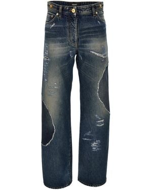 Versace Distressed Rigid Wide-Leg Straight-Leg Jeans - Blue