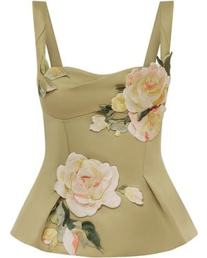 LEO LIN Georgia Embroidered Satin Top - Green