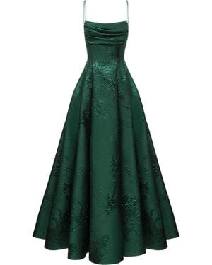 Rasario Open-back Draped Jacquard Gown With Voluminous Skirt - Green