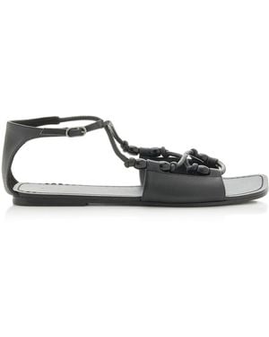 St. Agni Beaded Leather T-Strap Sandals - Black