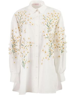 Carolina Herrera Embroidered Stretch Cotton Shirting Top - Natural