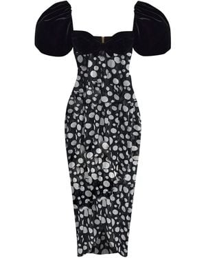 Rasario Puff-Sleeve Floral Chiffon Midi Dress - Black