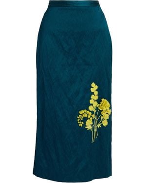 Erdem Floral Embroidered Satin Midi Skirt - Blue
