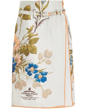 Prada Belted Floral-twill Midi Scarf Skirt - White