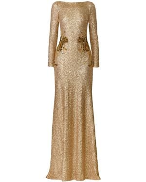 Naeem Khan Long Sleeve Boatneck Stretch Sequin Gown With Hand-Beaded Applique - Natural