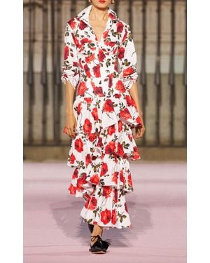 Carolina Herrera Buttoned Stemmed-Rose-Printed Stretch-Cotton Shirt - Red