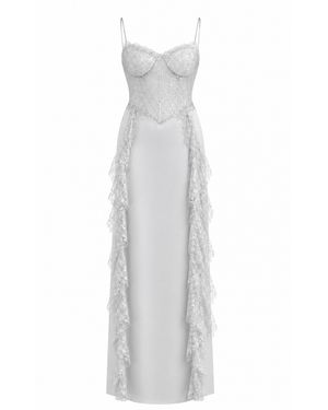 Sandra Mansour Memory Satin Lace Maxi Dress - White