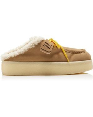 Miu Miu Sabot Shearling-Lined Suede Mules - Natural