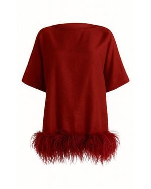 ‎Dima Ayad Feather-Trimmed Short-Sleeve Top - Red