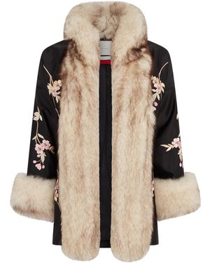 Conner Ives Fox Fur-Trimmed Silk Robe Jacket - Natural