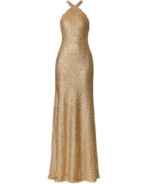 Naeem Khan Halter Stretch Sequin Gown With Crystal Trim - Natural