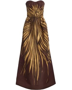 Oscar de la Renta Palm-Printed Faille Maxi Cocktail Dress - Natural