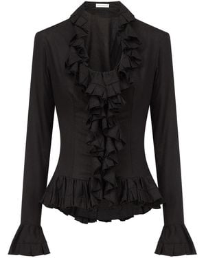 Ludovic de Saint Sernin Ruffle-Trimmed Long Sleeve Linen Top - Black