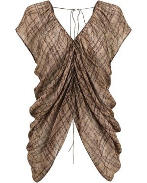 Into The East Plaid Ombre Draped Silk Top - Brown
