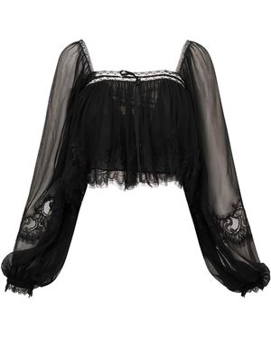 LoveShackFancy Ebbie Cropped Silk Top - Black