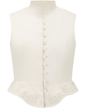 Into The East Embroidered Beaded Mandarin Collar Silk-Linen Vest - White