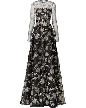 Naeem Khan Metallic Floral Raffia Long Sleeve Gown - White