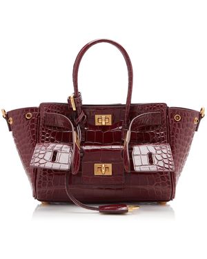Balenciaga Bel Air Croc-Embossed Leather Carry-All Bag - Red