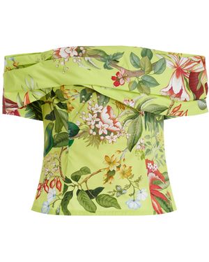 Oscar de la Renta Exclusive Painted Poppies Cotton Poplin Off-the-shoulder Top - Green