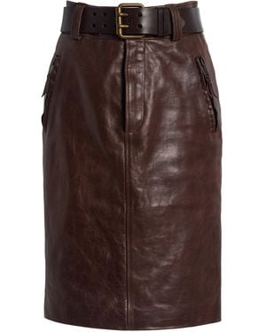 Saint Laurent Belted High-rise Leather Midi Skirt - Brown