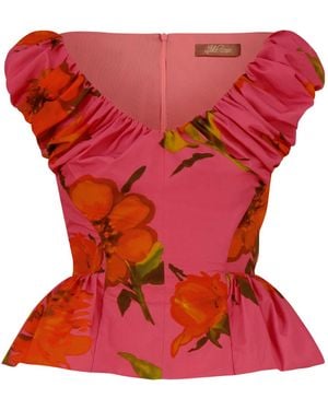Lela Rose Print Cotton Peplum Top - Red