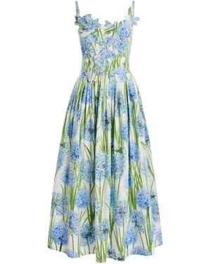 Oscar de la Renta Pleated Floral-Print Cotton-Blend Poplin Midi Dress - Blue