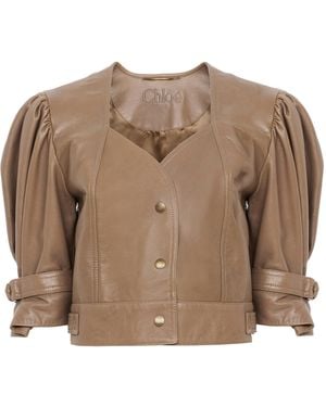 Chloé Cropped Leather Jacket - Brown