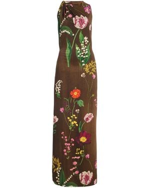 Oscar de la Renta Mixed Botanical Milano Jersey Dress - Brown